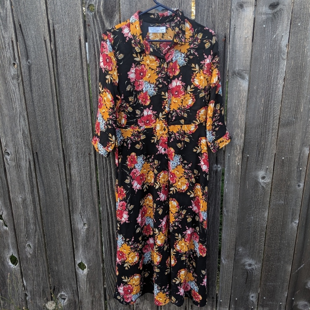 Time Tru Floral Button Front Dress Long 3/4 Sleeve - Picture 1 of 5